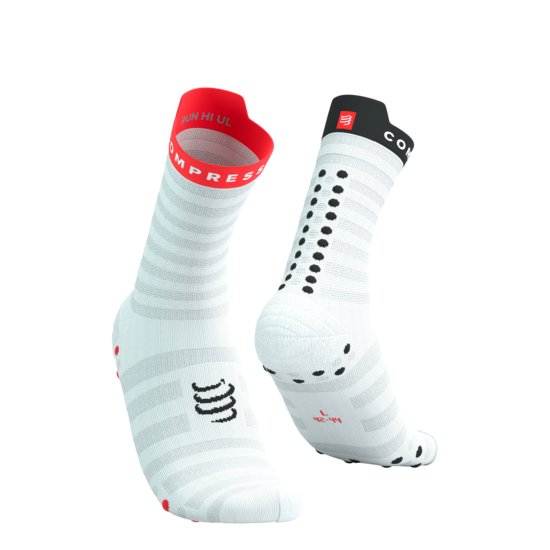 Compressport PRS V4 plānās augstās skriešanas zeķes, baltas ar sarkanu un melnu