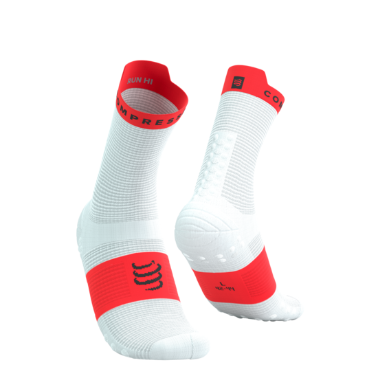 Compressport PRSV4 augstās skriešanas zeķes, baltas ar elektrosarkanu