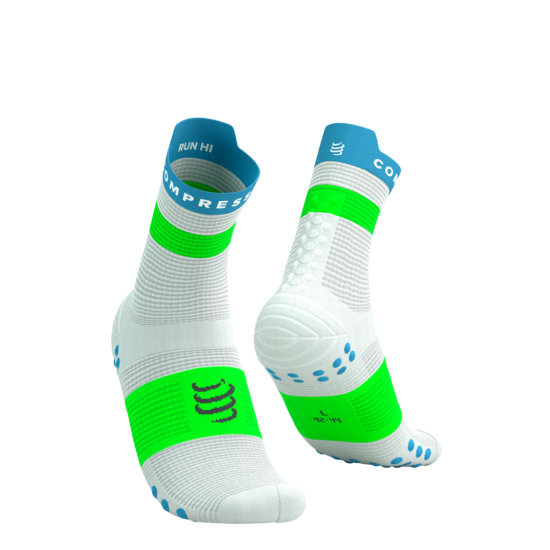 Compressport PRSV4 augstās skriešanas zeķes, White Norse Blue Neon Green