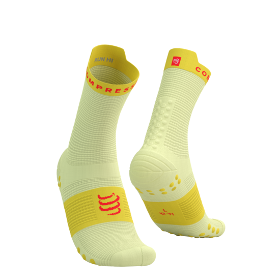 Compressport PRSV4 augstās skriešanas zeķes, Rūķu dzeltenas ar elektro sarkanu