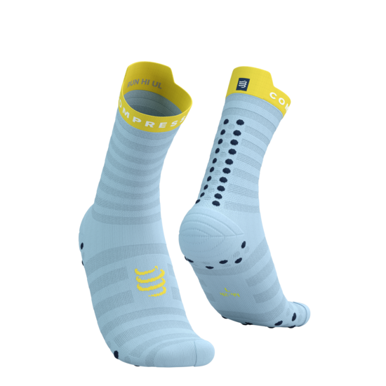 Compressport PRS V4 plānās augstās skriešanas zeķes, kašmira zilas ar dzeltenu