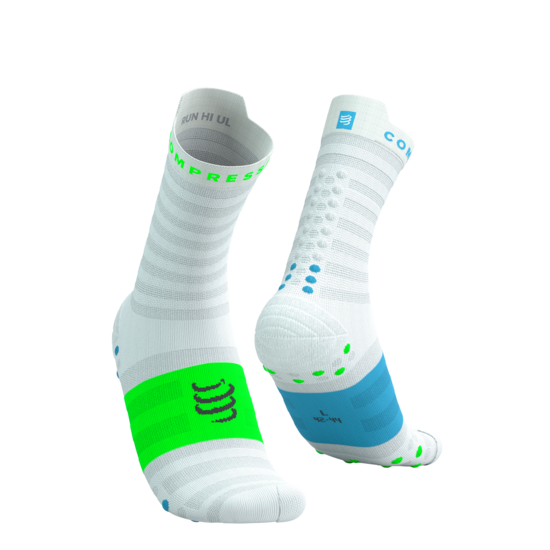 Compressport PRS V4 plānās augstās skriešanas zeķes, White Norse Blue Neon Green