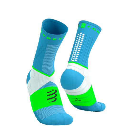 Ultra Taku zeķes Compressport Ultra Trail Socks V2, augstas, Norse Blue Neon Green