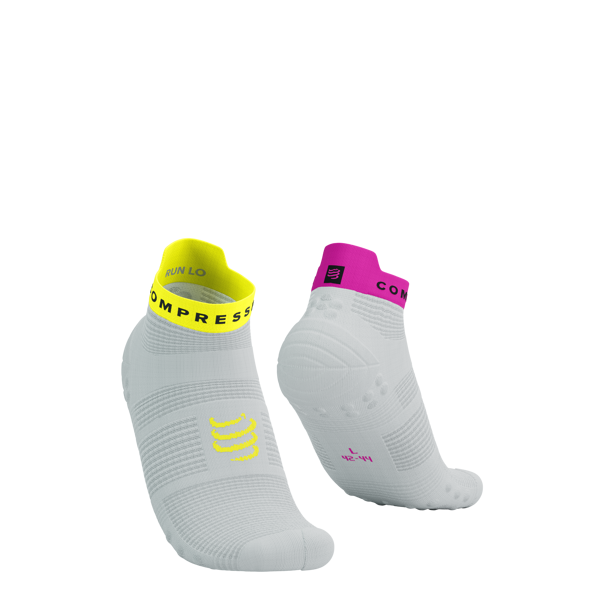 Compressport PRSV4 zemās skriešanas zeķes, White Safety Yellow Neon Pink